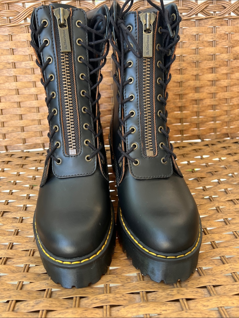 Dr. Martens Black Leather Kamilla Lace-Up Platform Boots with Gold Zipper